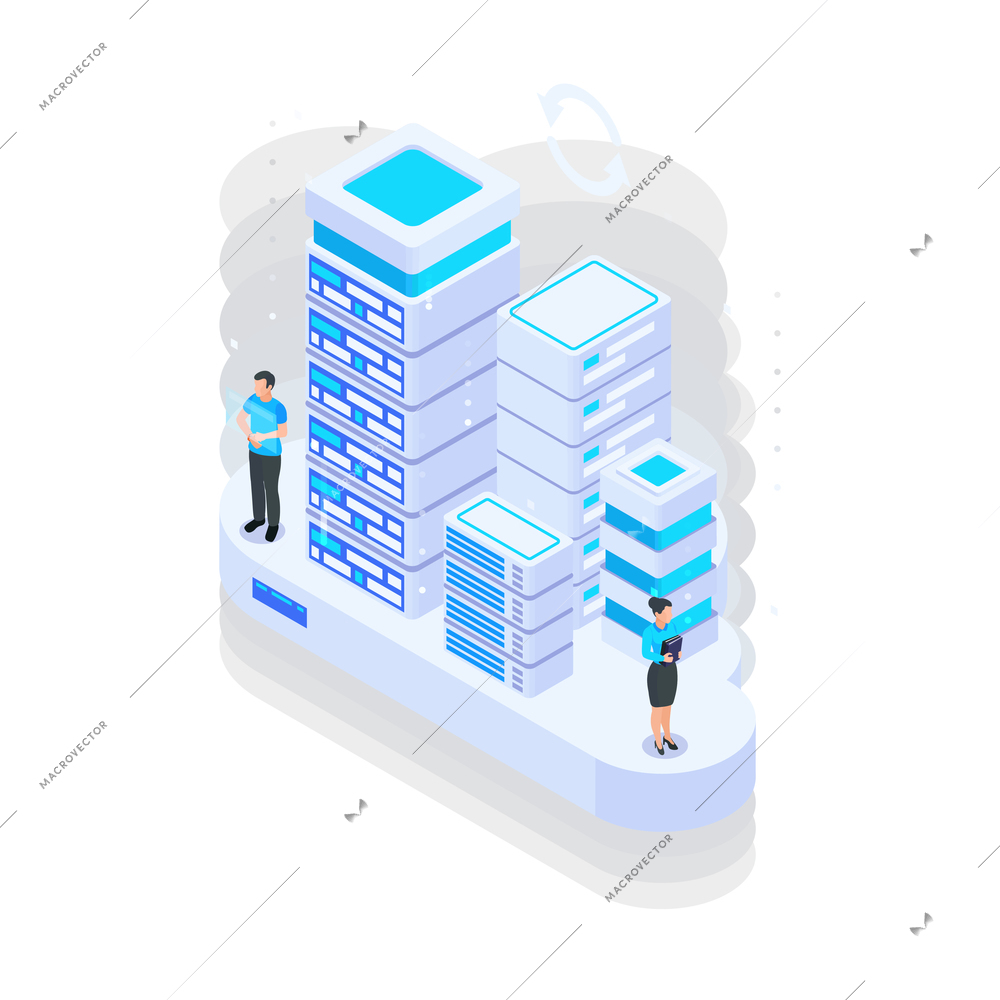Cloud services isometric composition with characters of coworkers and stacks of servers vector illustration