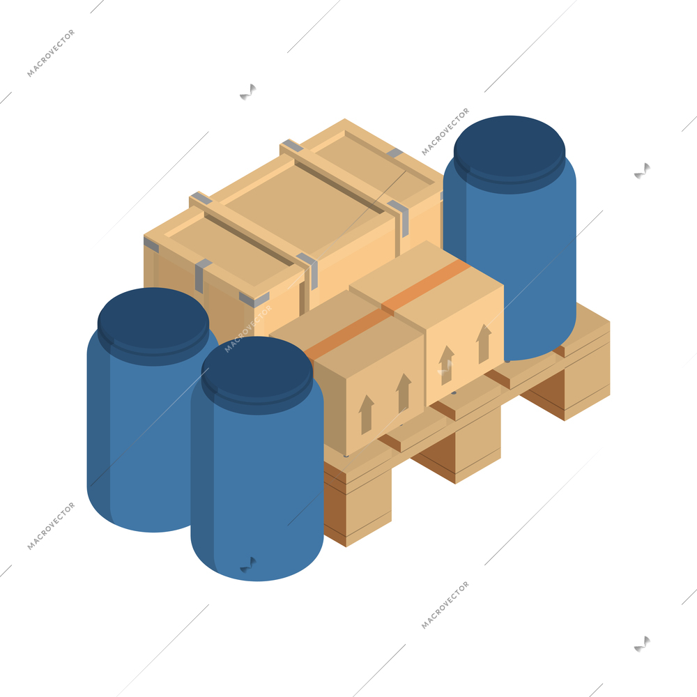 Isometric logistics delivery composition with isolated images of wooden pallets with boxes and plastic barrels vector illustration