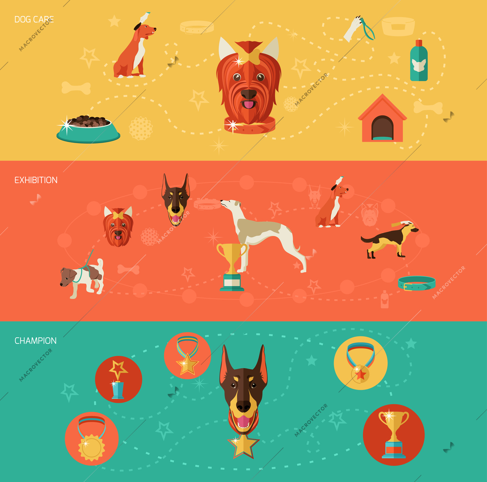 Dog icons banner set with dog care exhibition champion isolated vector illustration