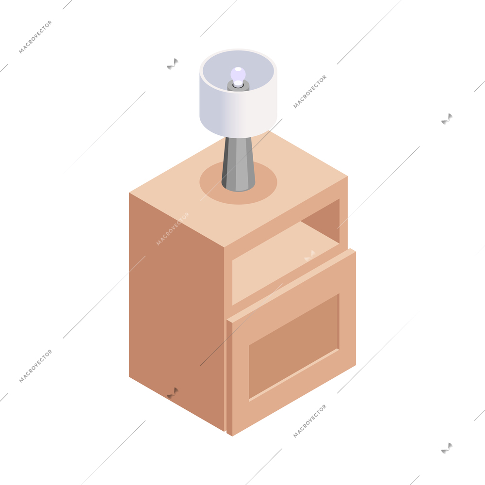 Furniture isometric composition with isolated image of modern bedside table with lamp on blank background vector illustration