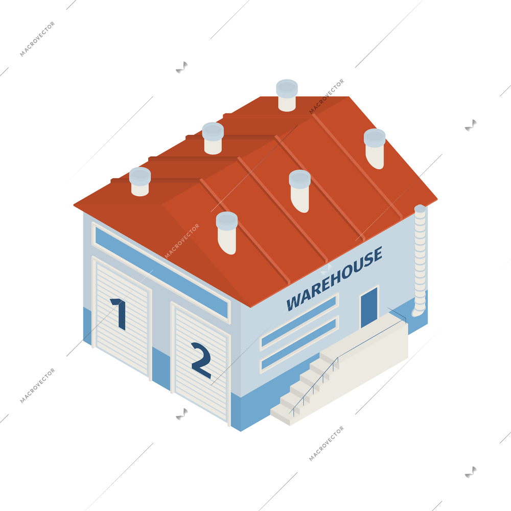 Isometric logistics delivery composition with isolated image of warehouse building vector illustration