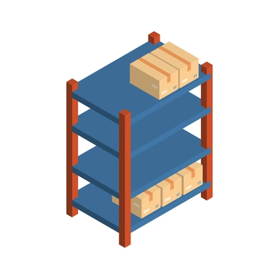 Isometric logistics delivery composition with isolated image of parcel boxes on shelves rack vector illustration