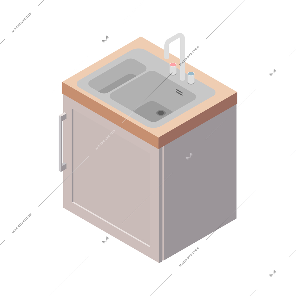 Furniture isometric composition with isolated image of modern kitchen sink with faucet on blank background vector illustration