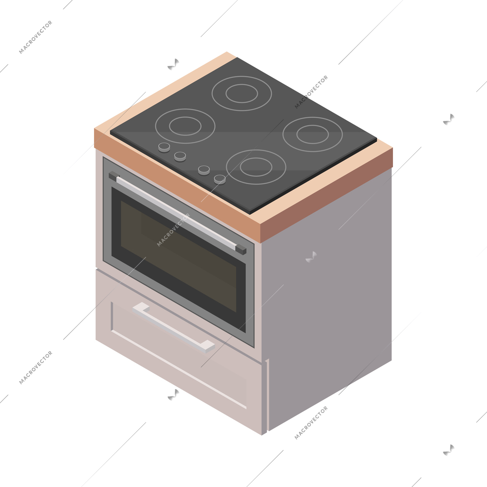 Furniture isometric composition with isolated image of modern kitchen range with oven on blank background vector illustration