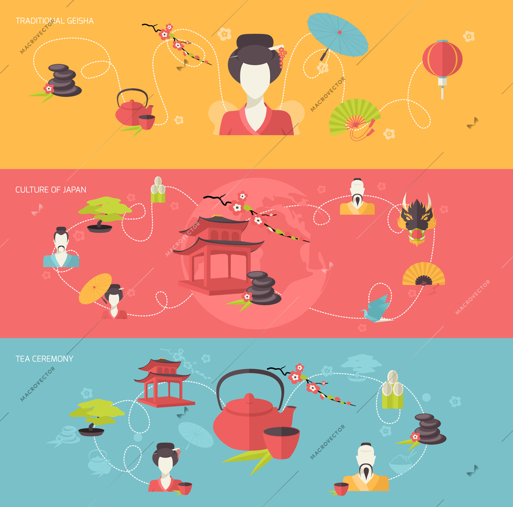 Japanese travel banner set with traditional geisha tea ceremony culture of japan isolated vector illustration