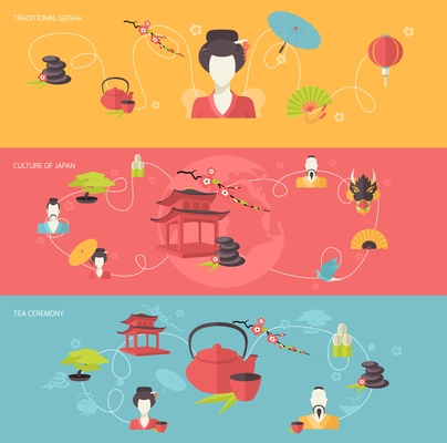 Japanese travel banner set with traditional geisha tea ceremony culture of japan isolated vector illustration