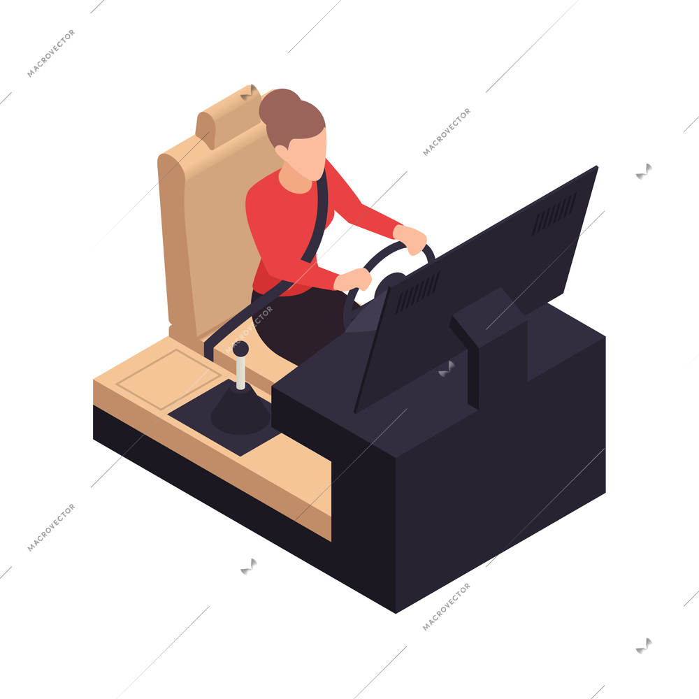 Driving school isometric composition with female student training on car simulator vector illustration