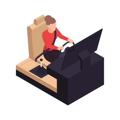 Driving school isometric composition with female student training on car simulator vector illustration