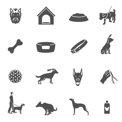 Dog icons black set with grooming shampoo puppy toys bone isolated vector illustration