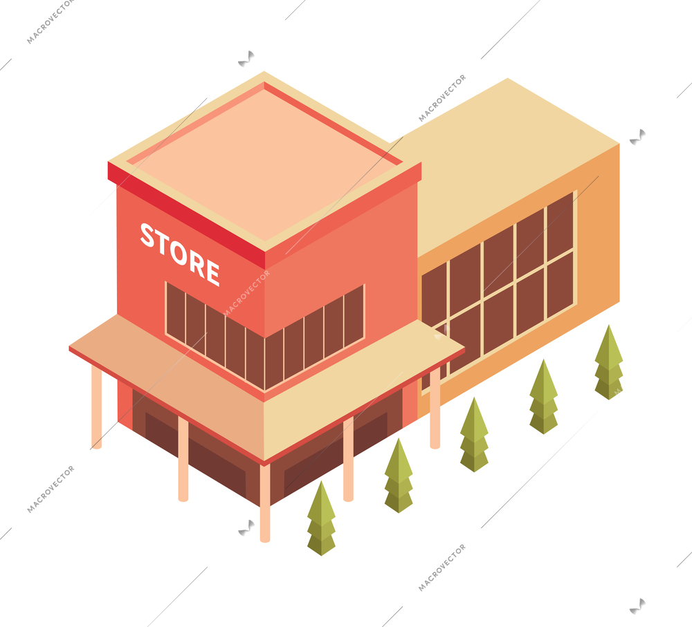 City isometric composition with isolated image of store building on blank background vector illustration