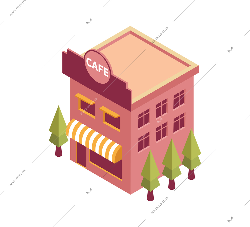 City isometric composition with isolated image of cafe building on blank background vector illustration