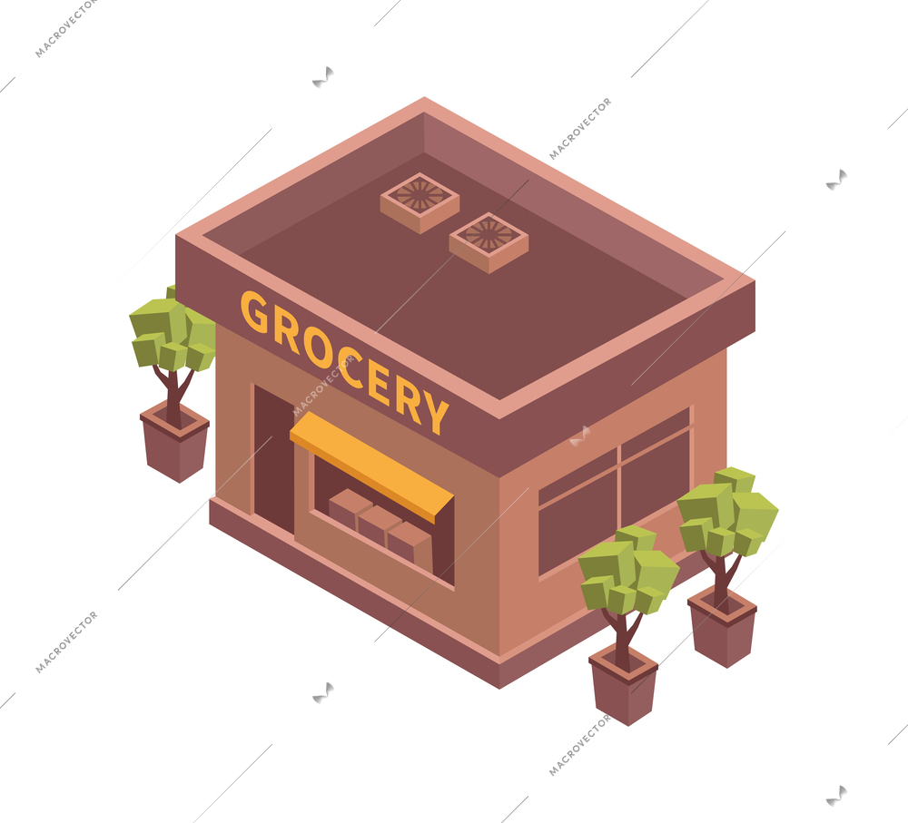 City isometric composition with isolated image of grocery building on blank background vector illustration