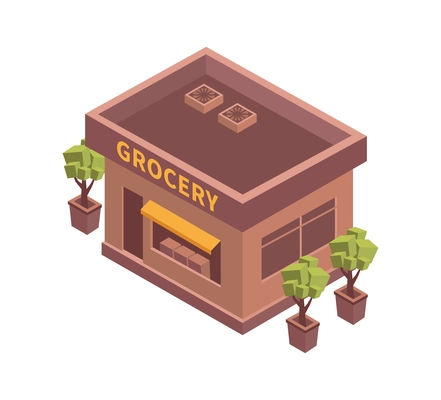 City isometric composition with isolated image of grocery building on blank background vector illustration