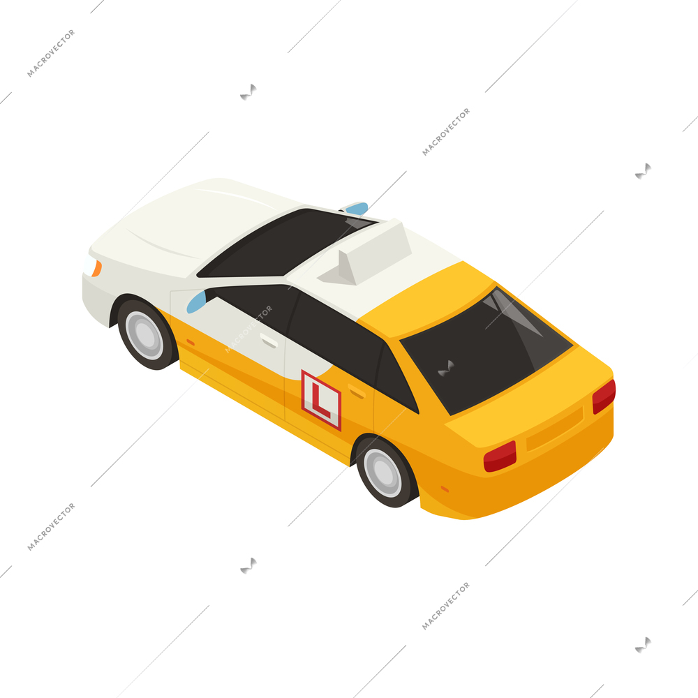 Driving school isometric composition with isolated image of test car vector illustration