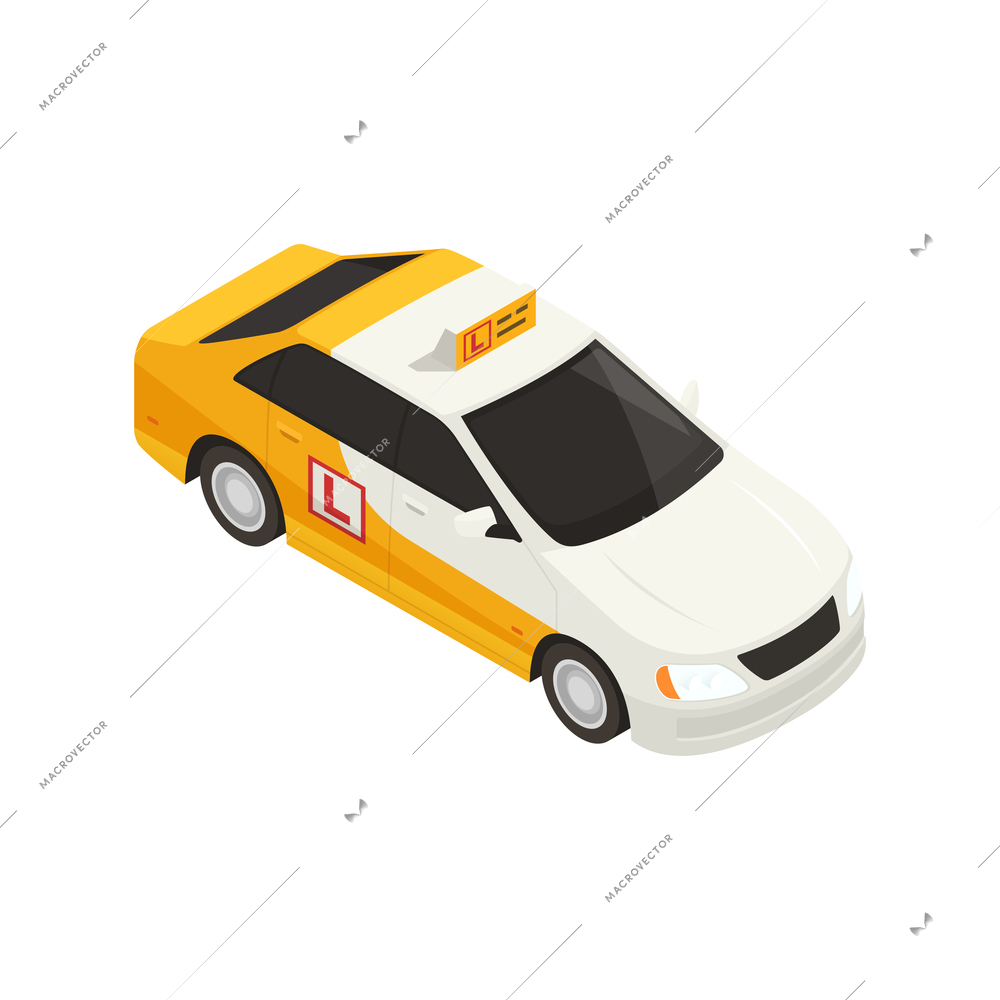 Driving school isometric composition with isolated image of student car vector illustration