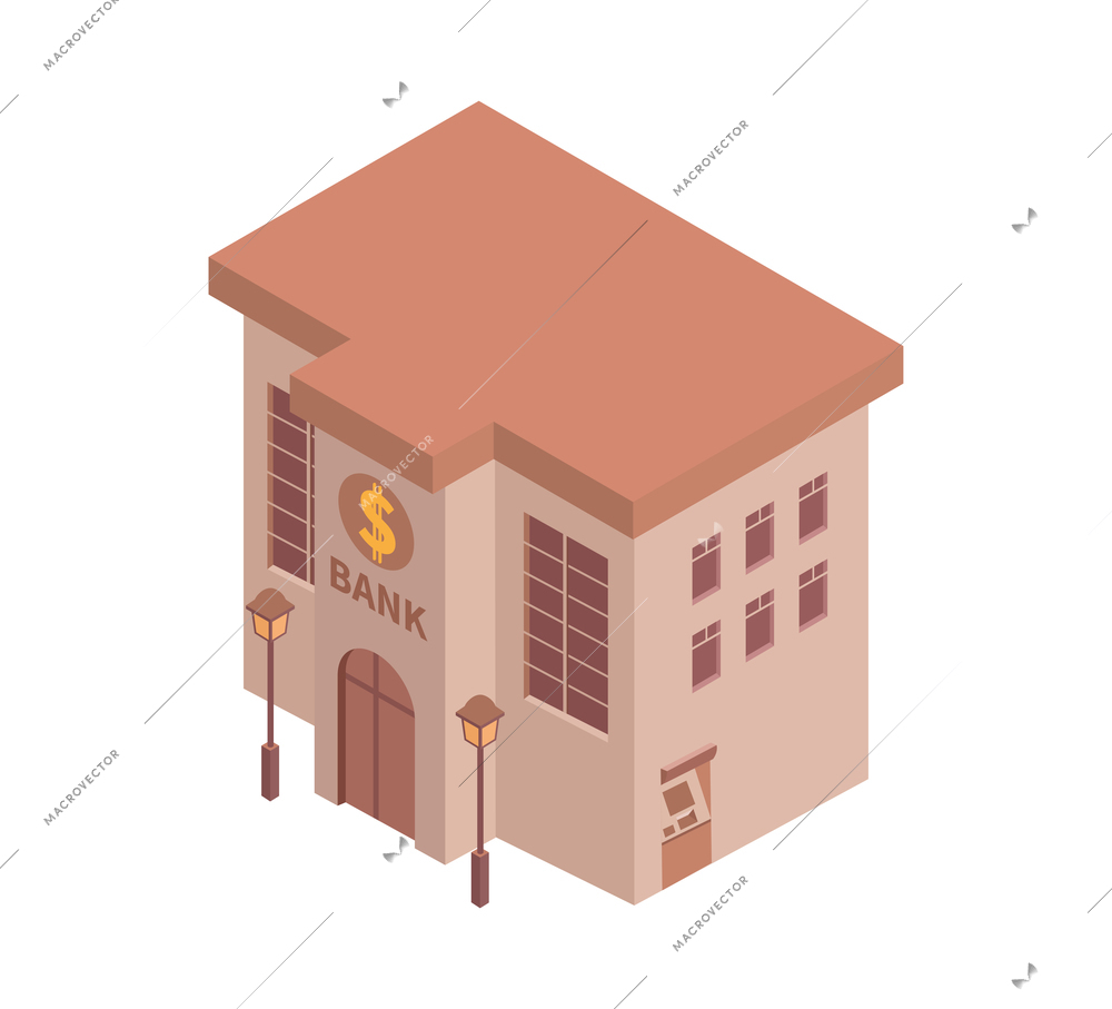 City isometric composition with isolated image of bank building on blank background vector illustration