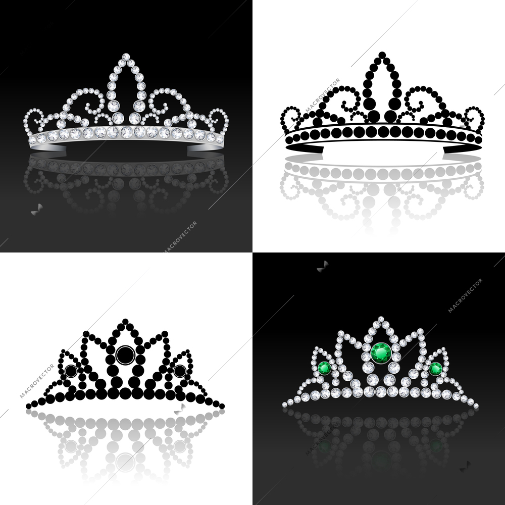 Tiara female luxury royal jewelry silver decorative set isolated vector illustration