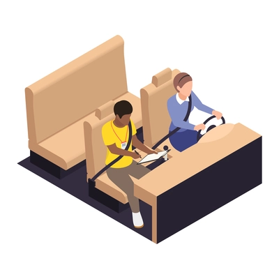 Driving school isometric composition with characters of student with teacher in car vector illustration