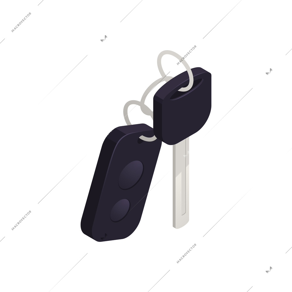 Driving school isometric composition with isolated image of car keys with remote lock vector illustration