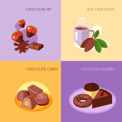 Chocolate flat icons set with dip hot candy pastries isolated vector illustration