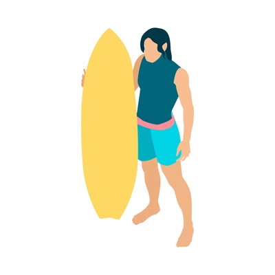 Isometric surfing composition with isolated human character standing with yellow surfing board on blank background vector illusration