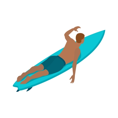 Isometric surfing composition with isolated african american character lying on blue surfing board on blank background vector illusration