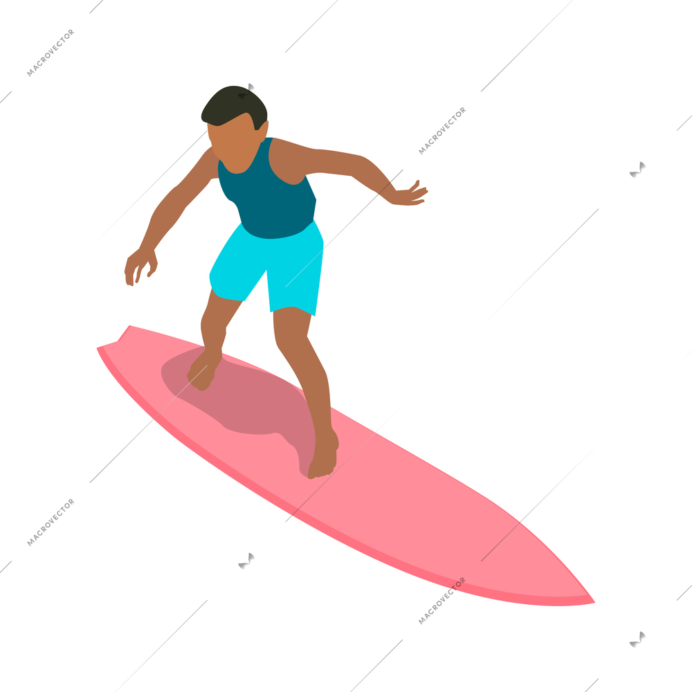 Isometric surfing composition with isolated character of guy on pink surfing board on blank background vector illusration