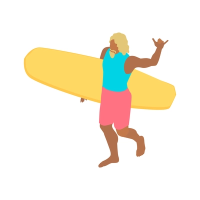 Isometric surfing composition with isolated walking male character carrying yellow surfing board on blank background vector illusration