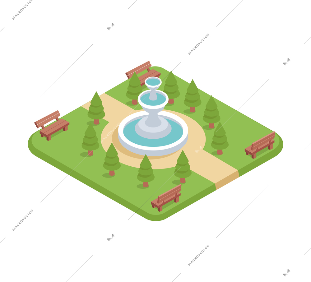 City isometric composition with isolated image of public garden with fountain trees and benches vector illustration