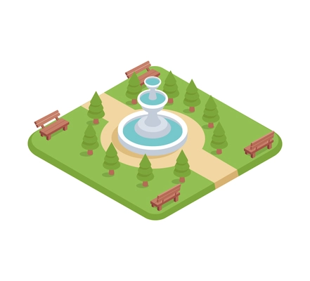 City isometric composition with isolated image of public garden with fountain trees and benches vector illustration