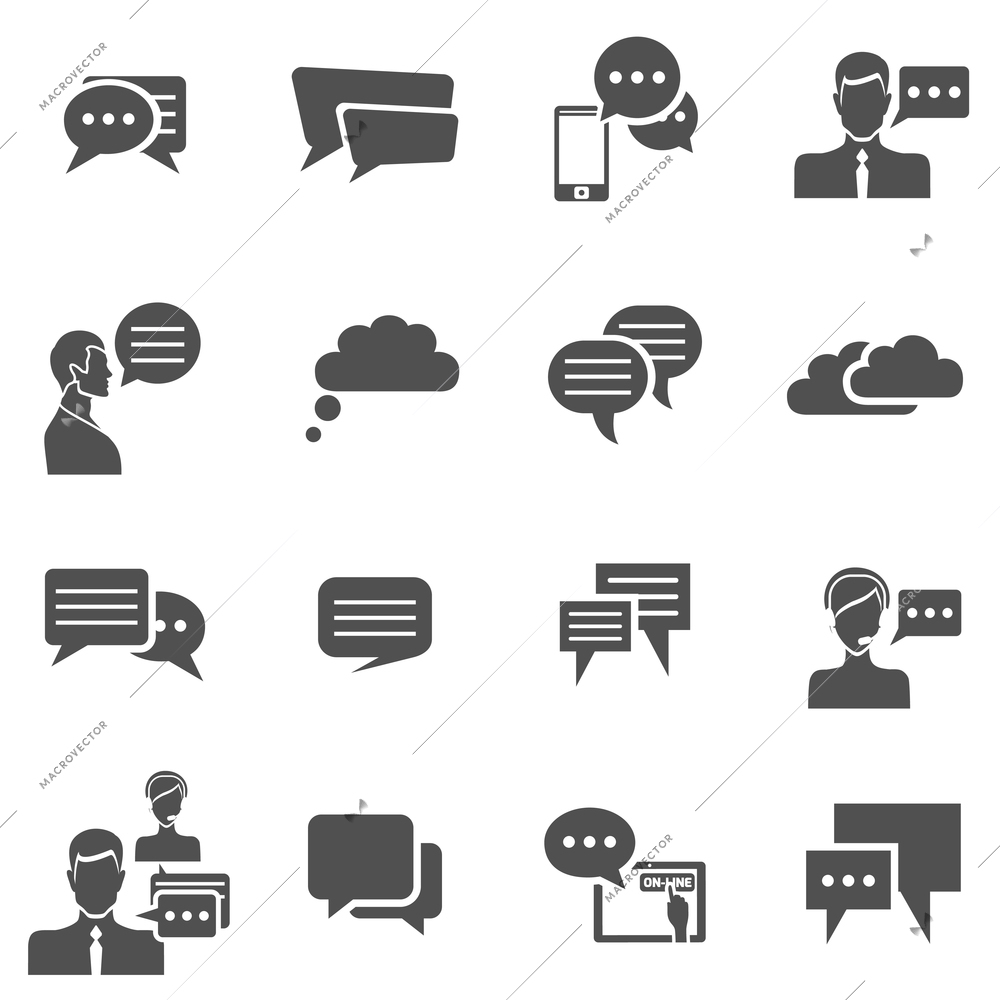 Chat communication conversation icons black set with people talking isolated vector illustration