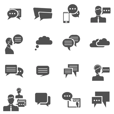 Chat communication conversation icons black set with people talking isolated vector illustration