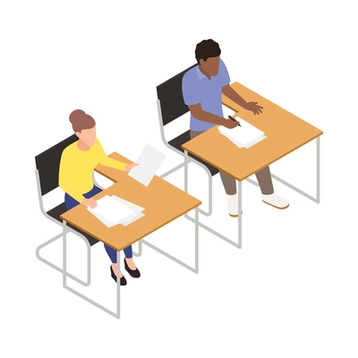Driving school isometric composition with isolated characters of two students at desks vector illustration