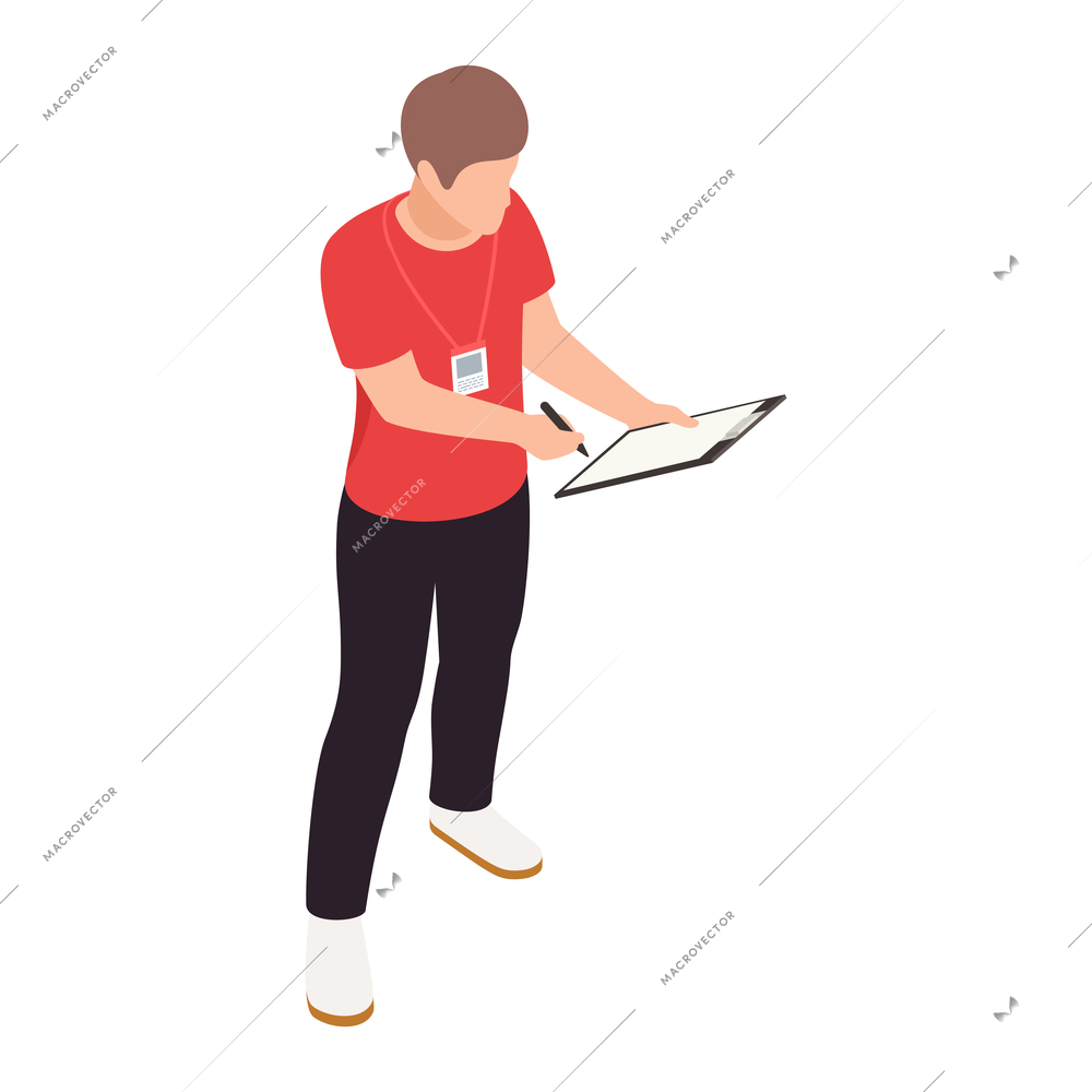 Driving school isometric composition with isolated character of teacher making marks vector illustration