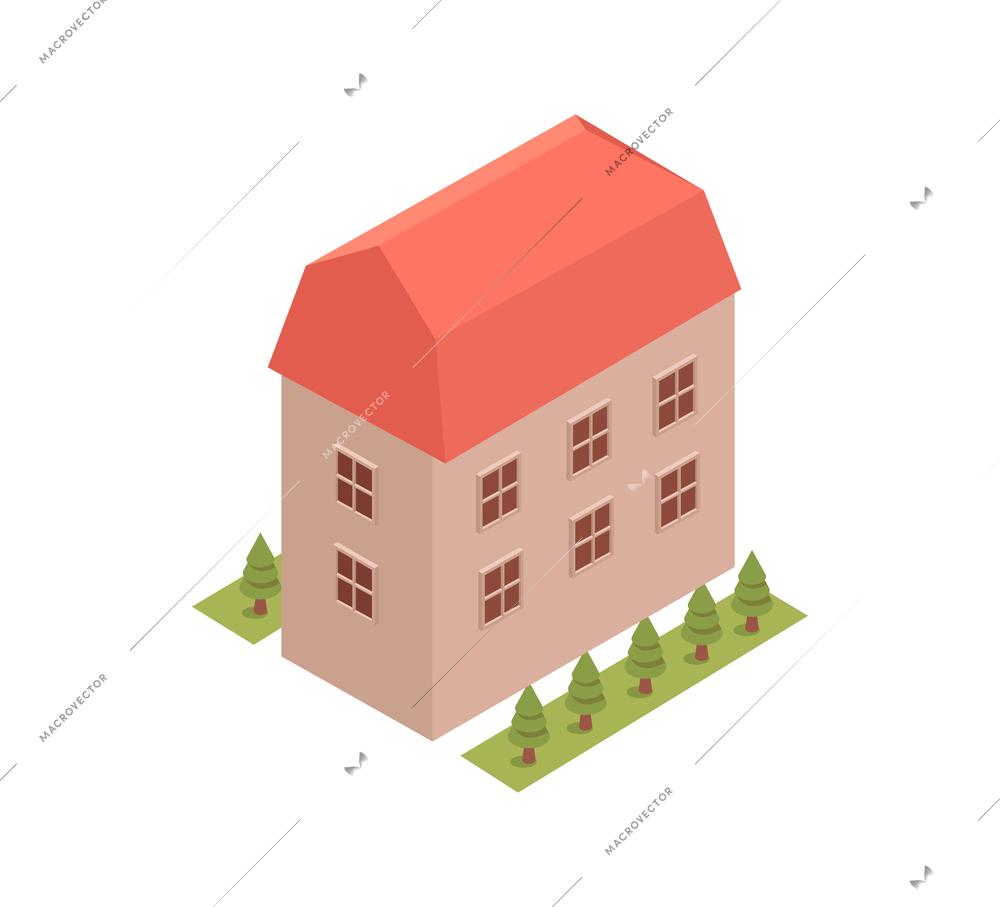 City isometric composition with isolated image of apartment house building on blank background vector illustration