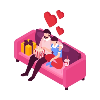 Isometric people dating couple valentines day composition with embracing lovers on sofa with gifts and pop corn vector illustration
