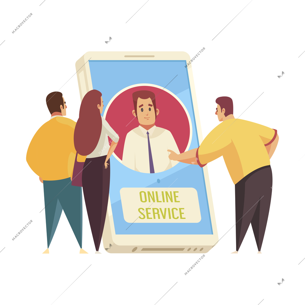 Support call center composition with call to tech support agent in smartphone screen surrounded by clients vector illustration