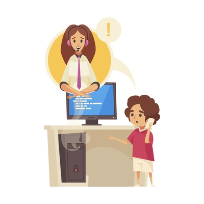 Support call center composition with broken computer and distracted guy calling tech support agent vector illustration