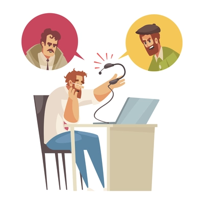 Support call center composition with tech support agent annoyed by rude callers vector illustration