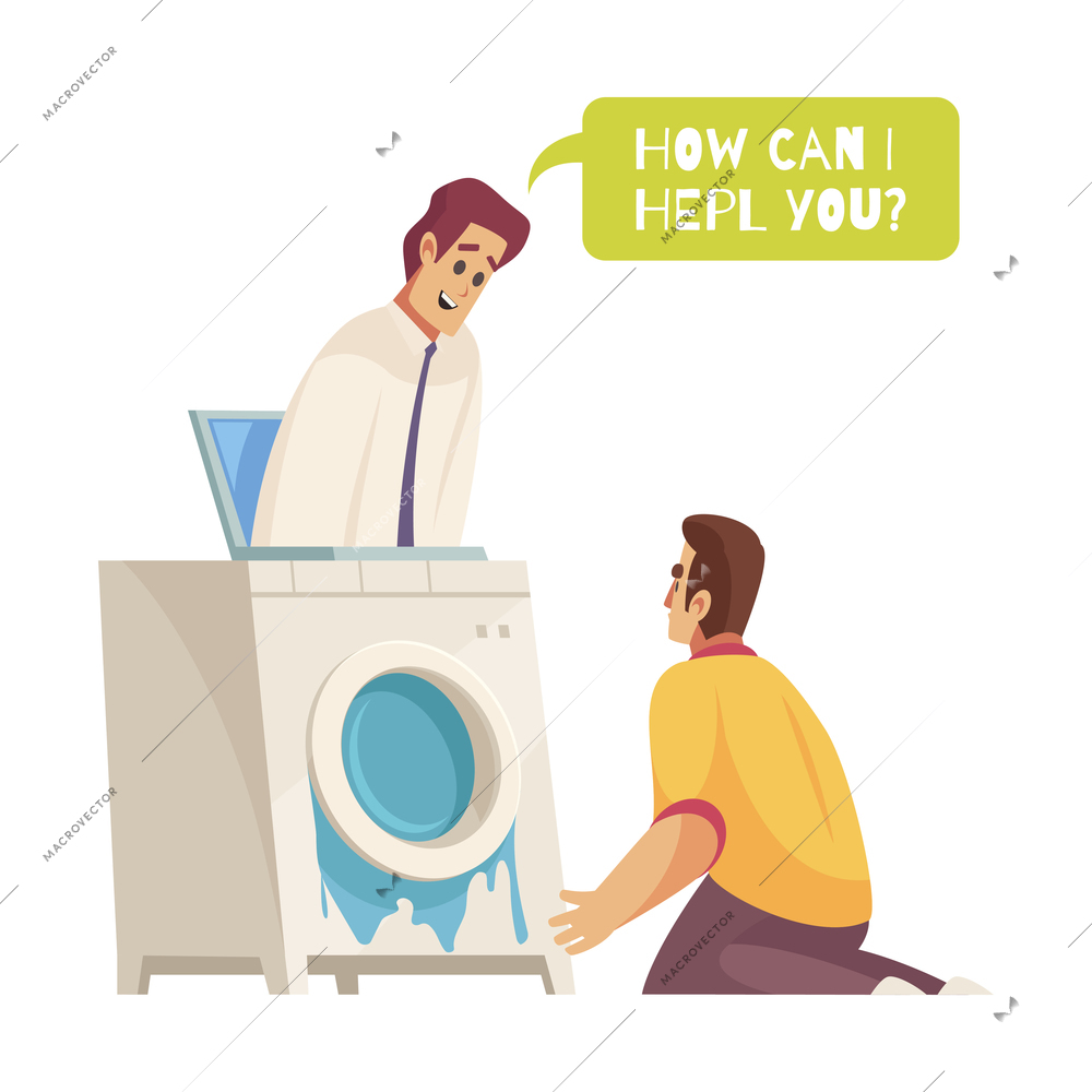 Support call center composition with helping agent looking out of broken washing machine vector illustration