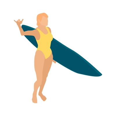 Isometric surfing composition with isolated character of woman holding blue surfing board on blank background vector illusration