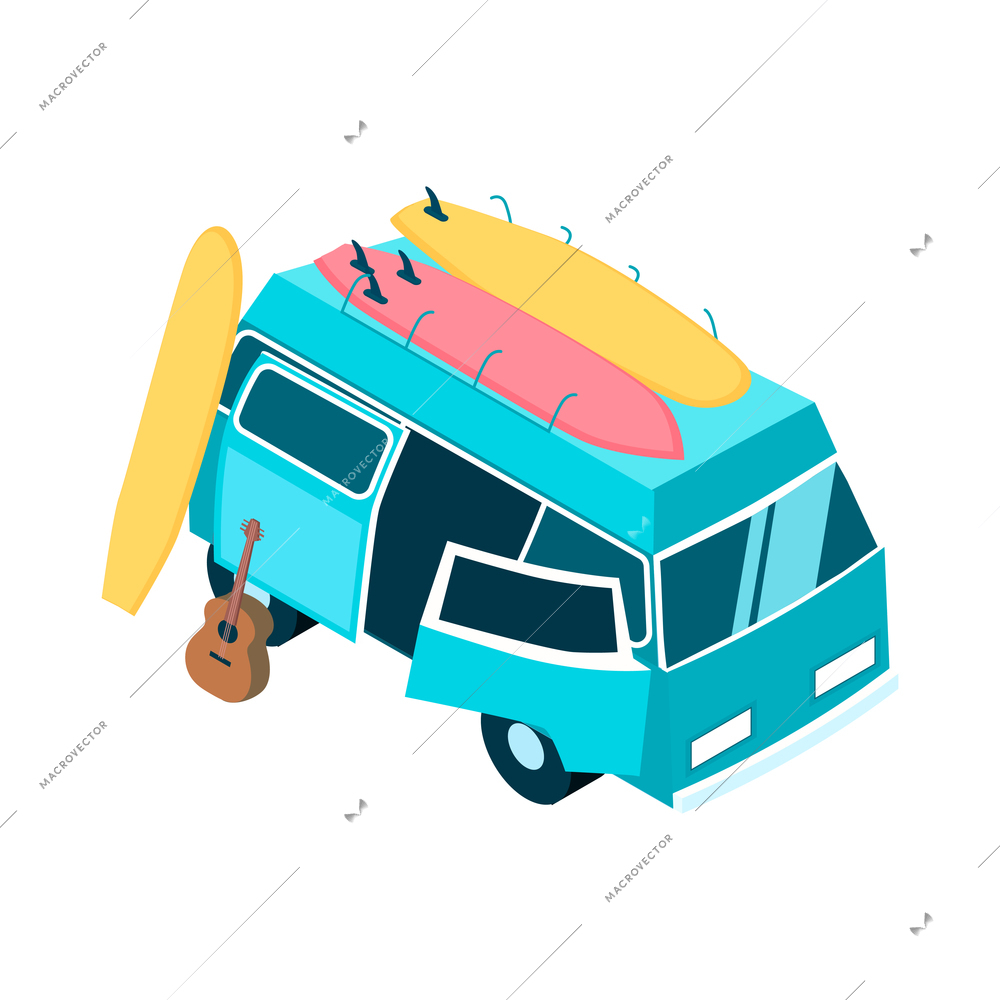 Isometric surfing composition with isolated hippie bus with colorful surfing boards and guitar on blank background vector illusration