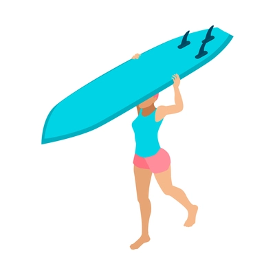 Isometric surfing composition with isolated female character carrying blue surfing board on blank background vector illusration