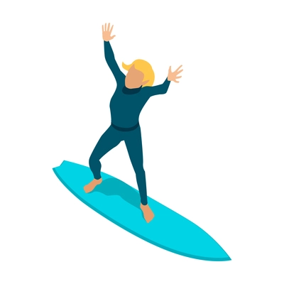 Isometric surfing composition with isolated human character in suit on blue surfing board on blank background vector illusration