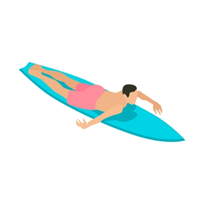 Isometric surfing composition with isolated male character lying on blue surfing board on blank background vector illusration