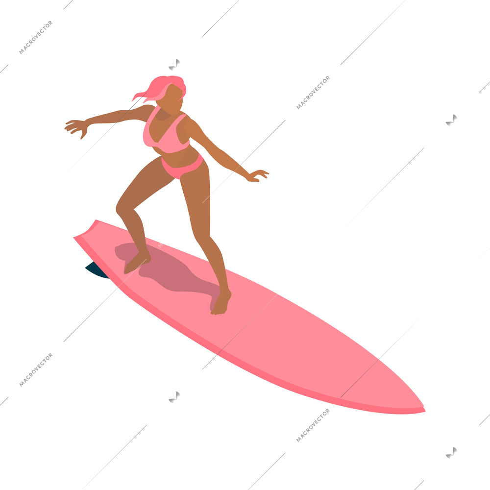 Isometric surfing composition with isolated female character standing on pink surfing board on blank background vector illusration