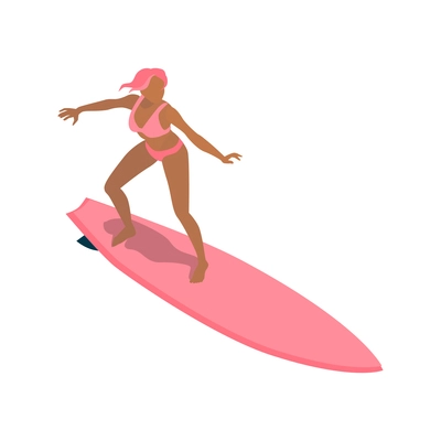 Isometric surfing composition with isolated female character standing on pink surfing board on blank background vector illusration