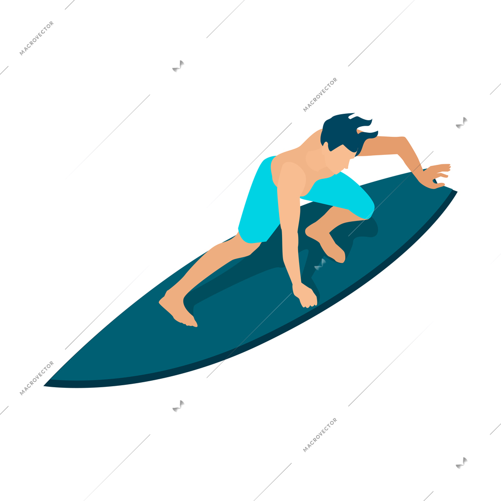 Isometric surfing composition with isolated character of man on blue surfing board on blank background vector illusration