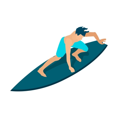 Isometric surfing composition with isolated character of man on blue surfing board on blank background vector illusration