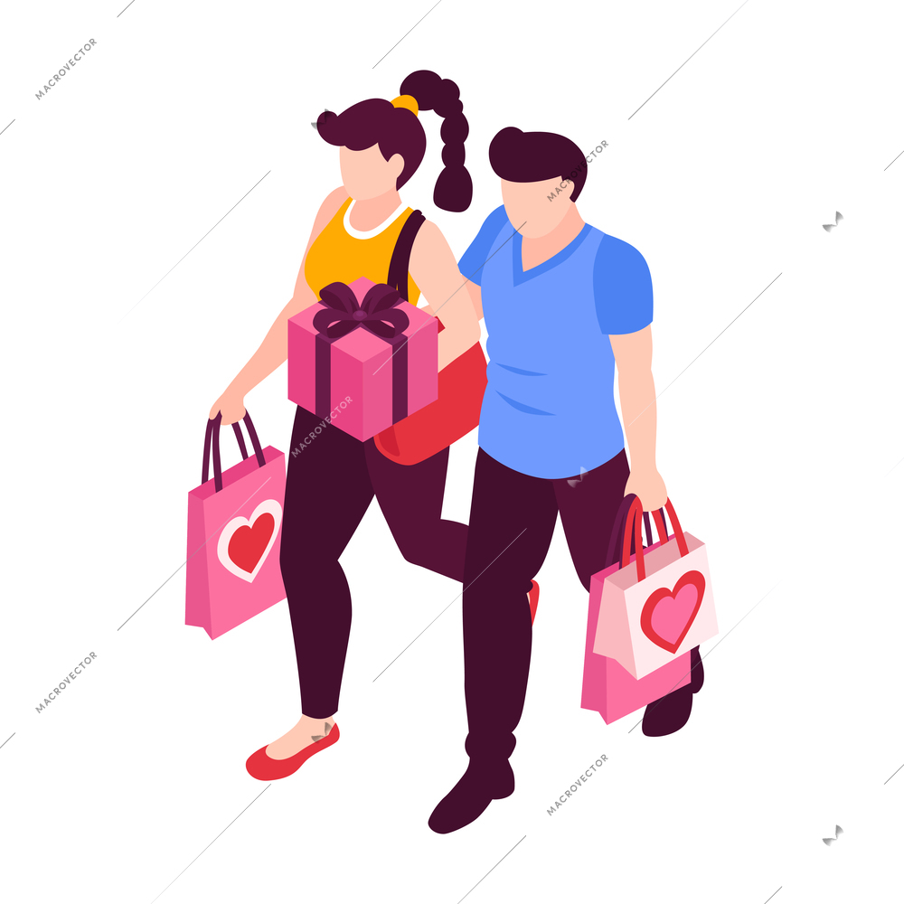 Isometric people dating couple valentines day composition with lovers carrying shopping bags with hearts vector illustration